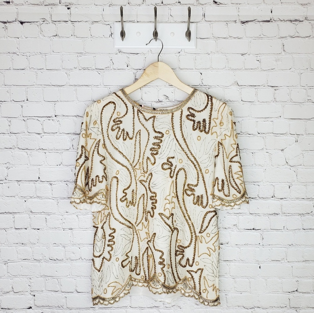 VTG Laurence Kazar 100% silk beaded blouse